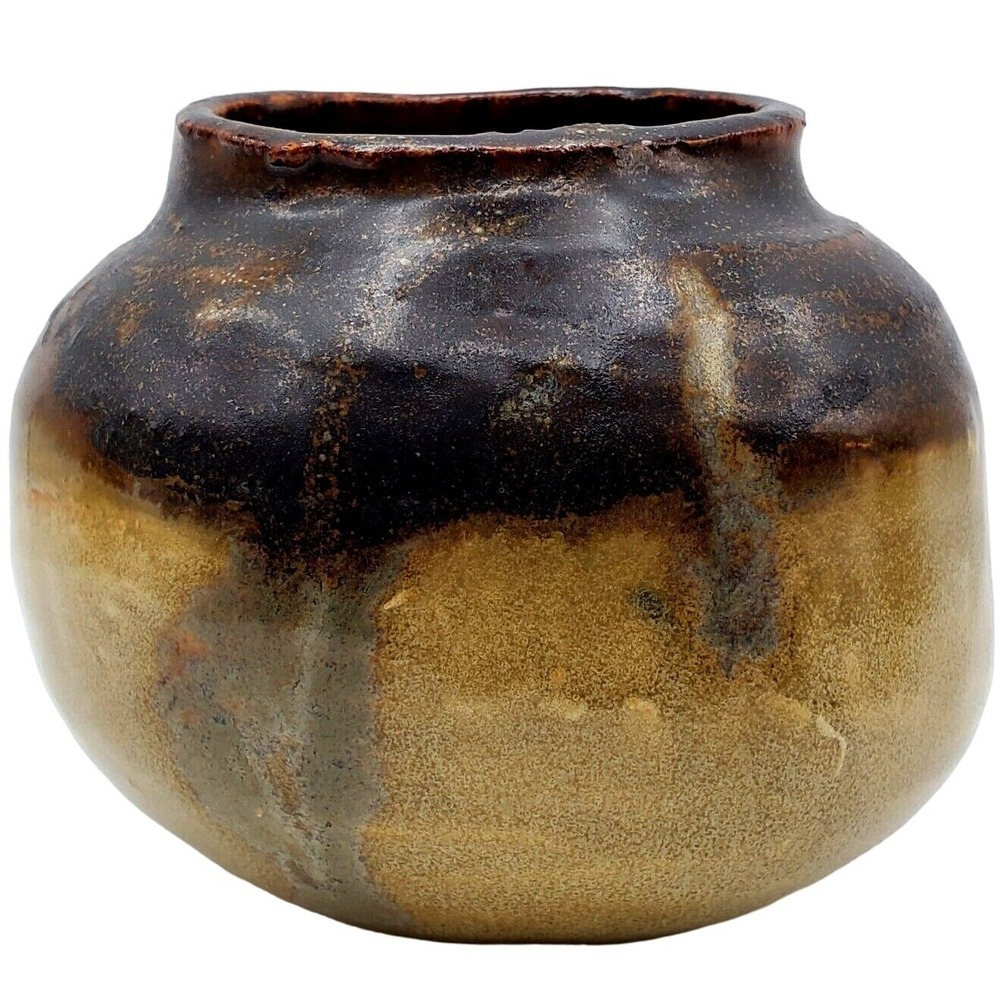 Bean Pot Squat Vase Art Pottery Brown Tan Signed Small Ceramic Rustic Decor Vtg